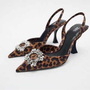 ZARA Leopard Print Slingback Heels with Crystal Embellishment Size 7, NWOT